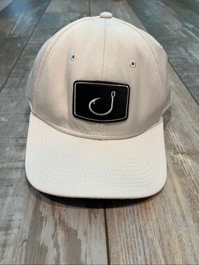 Avid White Baseball Cap with Black Fishing Hook Patch